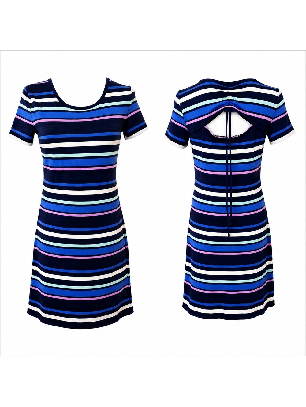 T by Talbots Blue Striped T-Shirt Dress XS Ruched Open Back Cutout Athleisure